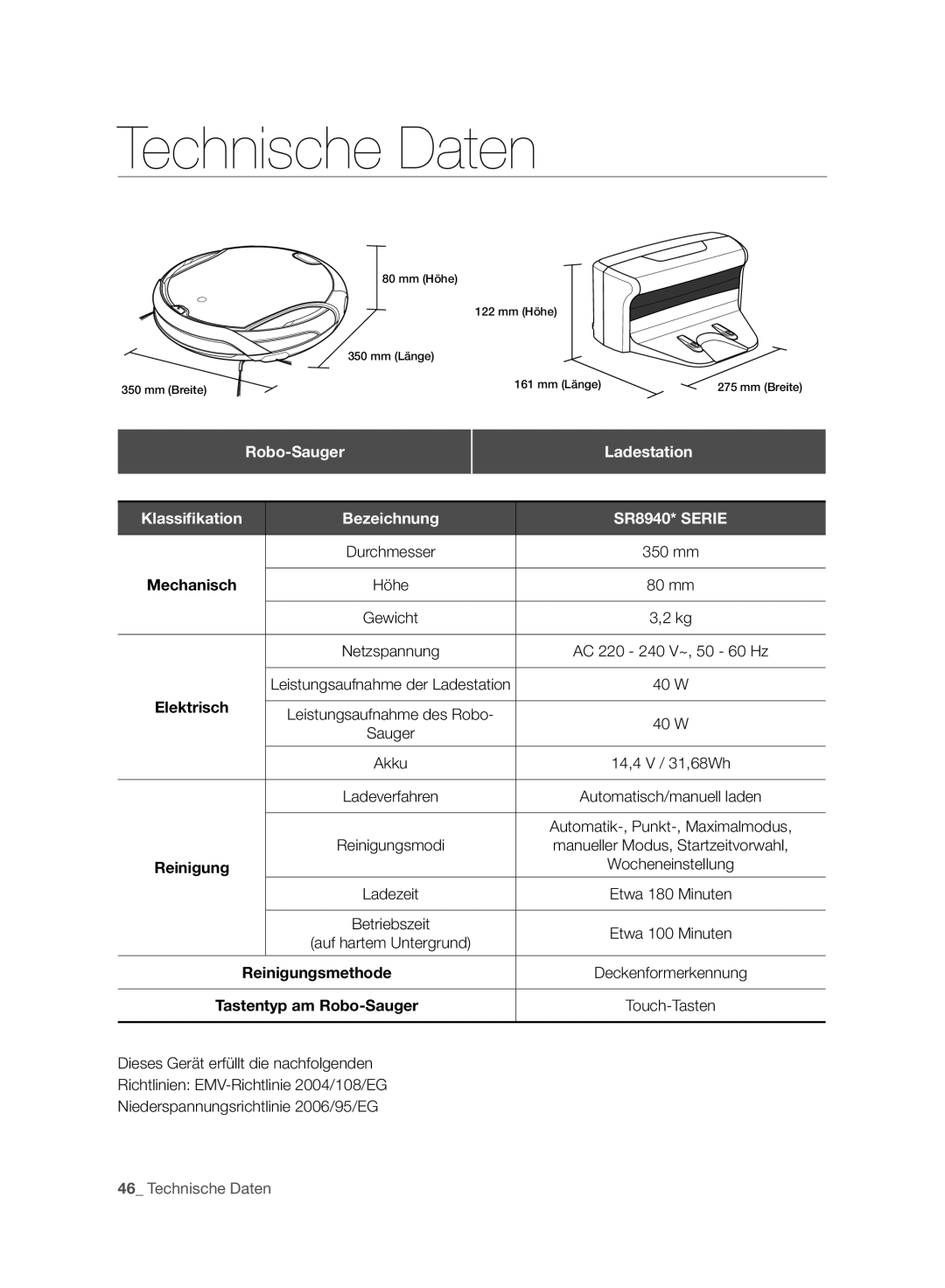 Samsung VCR8940L3R/XET manual Robo-Sauger, Ladestation, Bezeichnung, 350 mm, Höhe 80 mm 