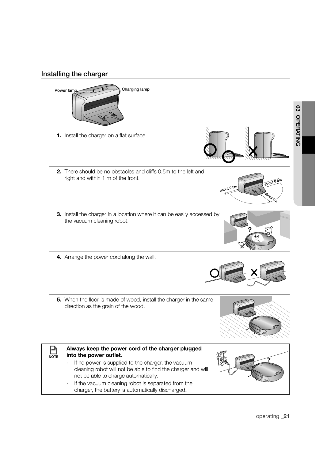 Samsung VCR8950L3B/SML manual Installing the charger, Install the charger on a ﬂ at surface, Vacuum cleaning robot 