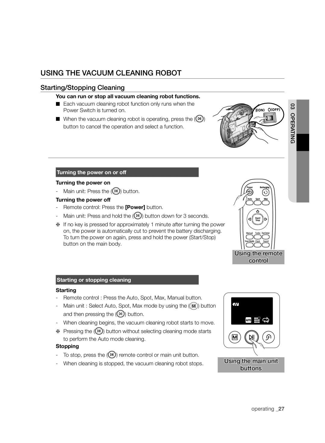 Samsung VCR8950L3B/SML manual Using the Vacuum Cleaning Robot, Starting/Stopping Cleaning, Turning the power on or off 