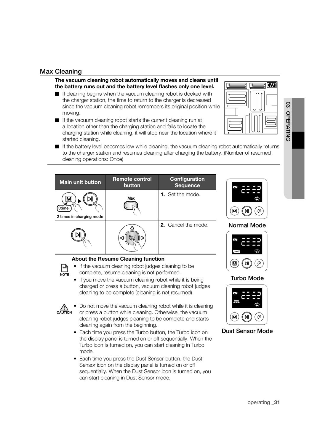 Samsung VCR8950L3B/SML, VCR8950L3B/XEF manual Max Cleaning, Cancel the mode, Complete, resume cleaning is not performed 