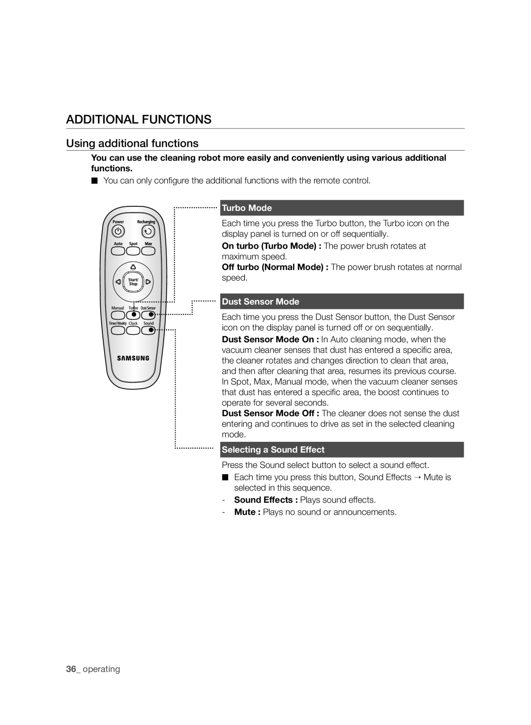 Samsung VCR8950L3B/XEF, VCR8950L3B/SML manual Additional Functions, Using additional functions, Turbo Mode, Dust Sensor Mode 