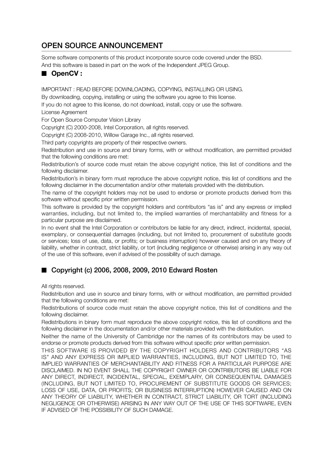 Samsung VCR8950L3B/SML, VCR8950L3B/XEF Open Source Announcement, OpenCV, Copyright c 2006, 2008, 2009, 2010 Edward Rosten 