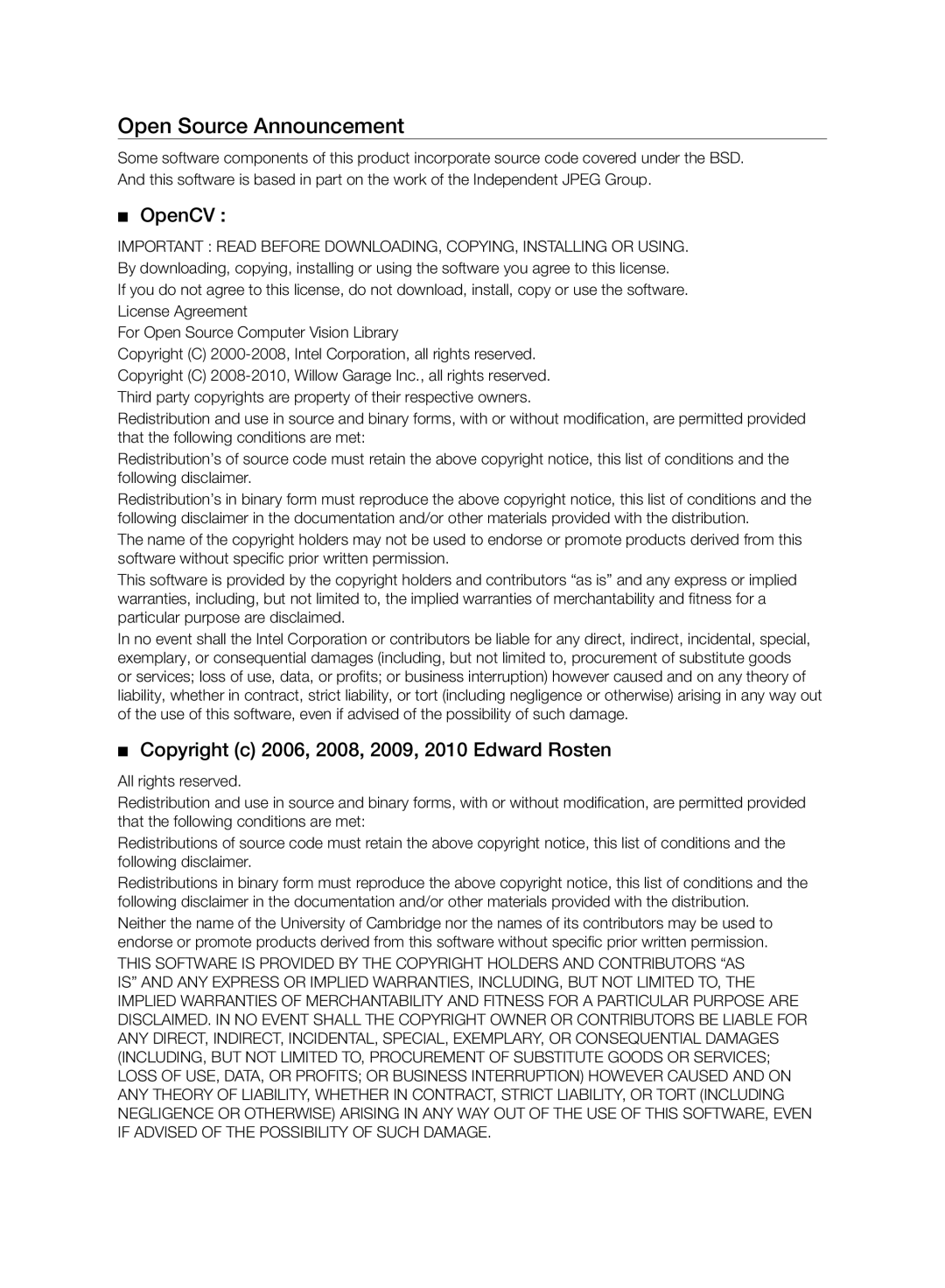 Samsung VCR8950L3B/XEF, VCR8950L3B/SML manual Open Source Announcement, OpenCV 