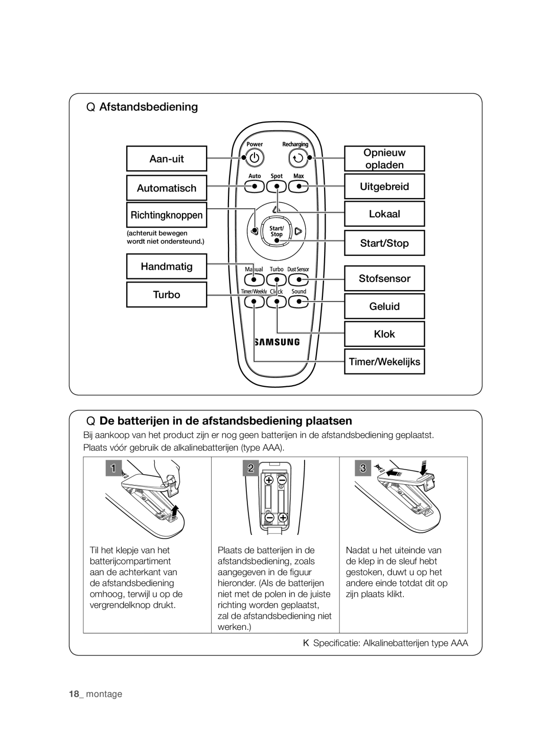 Samsung VCR8950L3B/XEF manual De batterijen in de afstandsbediening plaatsen 