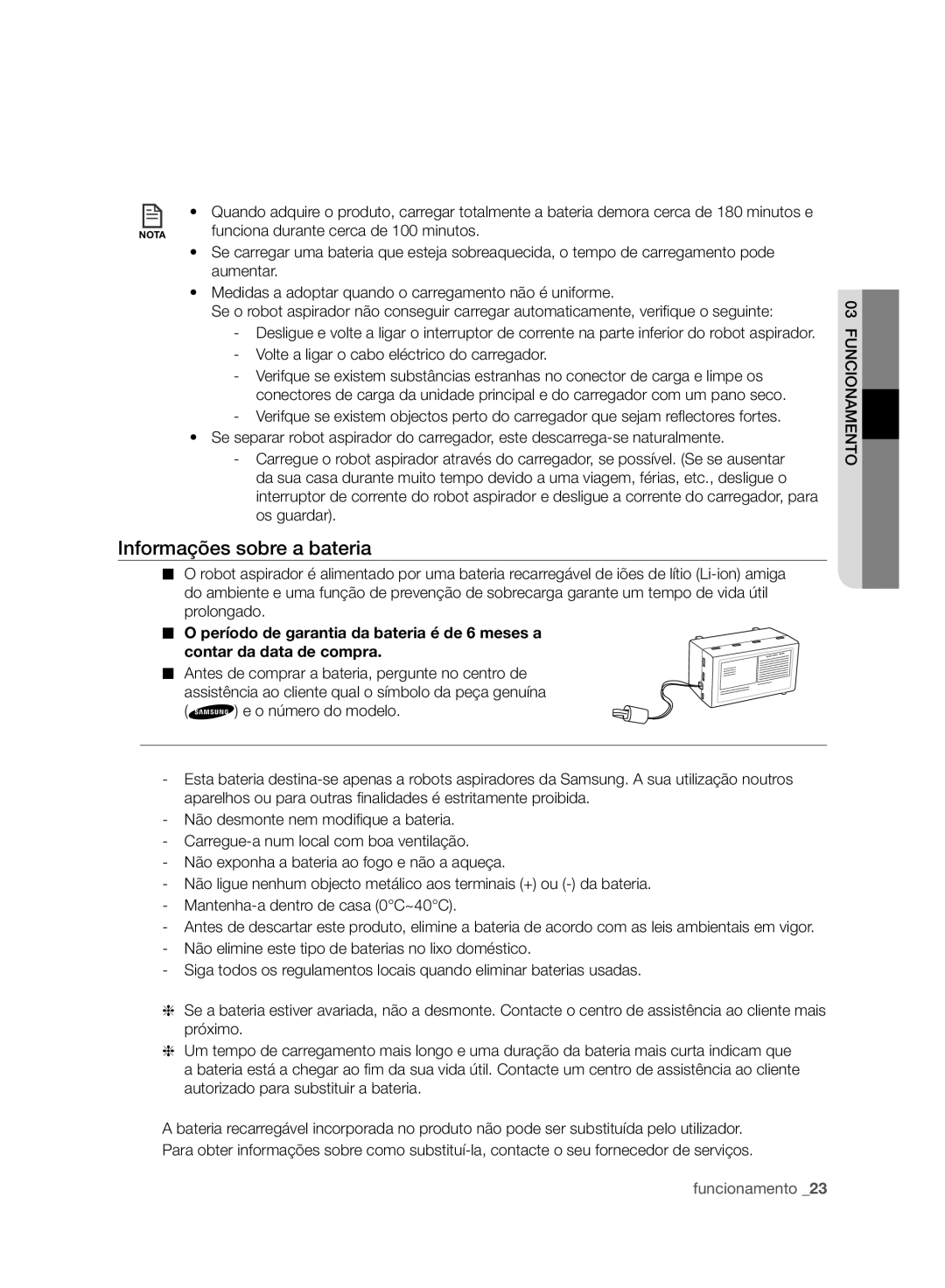 Samsung VCR8950L3B/XEF manual Informações sobre a bateria, Funciona durante cerca de 100 minutos 