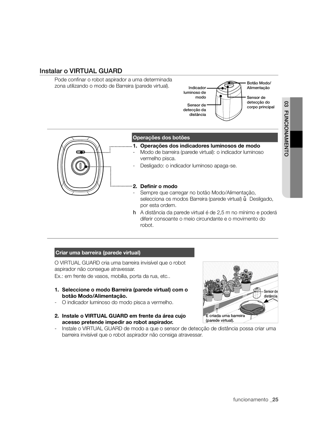 Samsung VCR8950L3B/XEF manual Instalar o Virtual Guard, Operações dos botões, Criar uma barreira parede virtual 