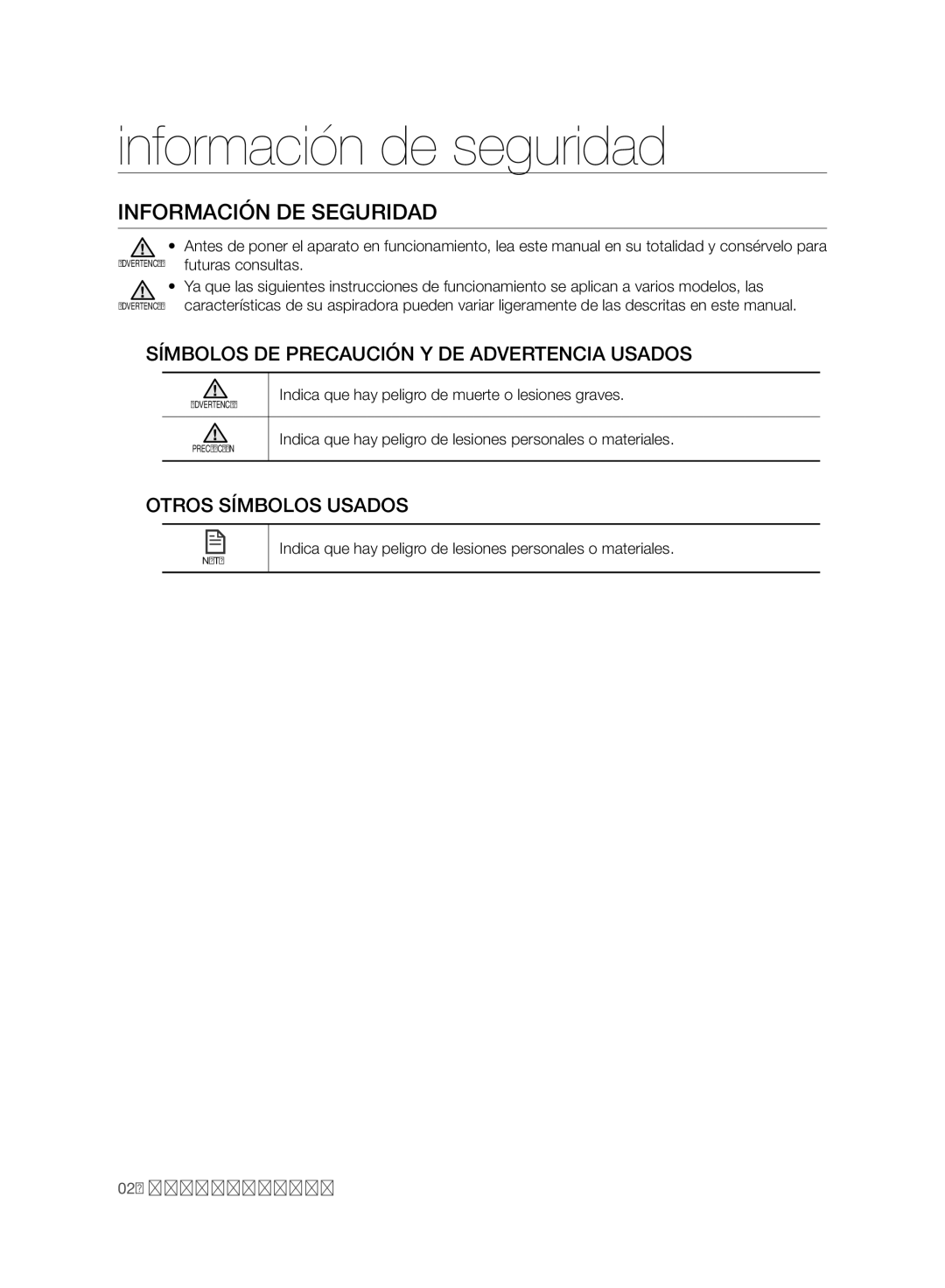 Samsung VCR8950L3B/XEF Información de seguridad, Información DE Seguridad, Símbolos DE Precaución Y DE Advertencia Usados 