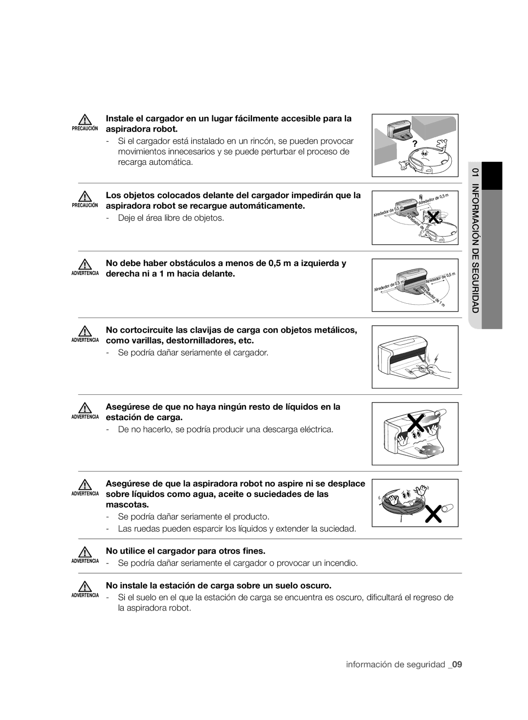 Samsung VCR8950L3B/XEF manual Aspiradora robot se recargue automáticamente, Derecha ni a 1 m hacia delante, Mascotas 