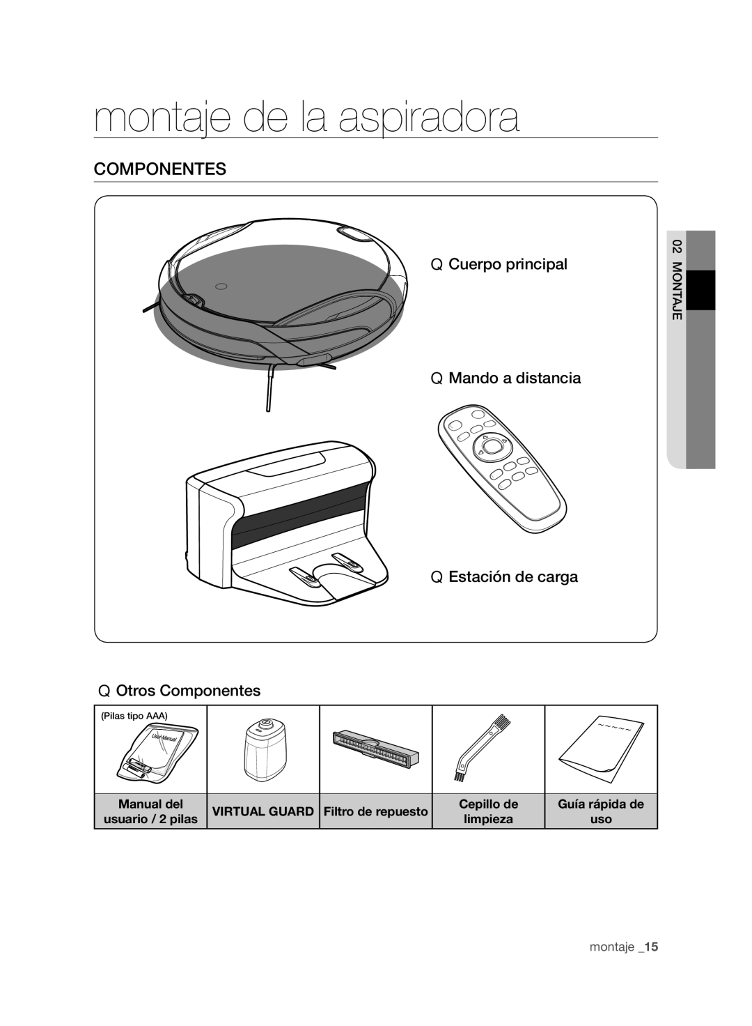 Samsung VCR8950L3B/XEF manual Montaje de la aspiradora, Componentes, Filtro de repuesto 