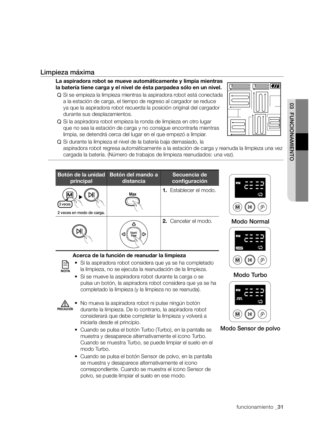 Samsung VCR8950L3B/XEF manual Limpieza máxima, Distancia Conﬁguración Establecer el modo, Iniciarla desde el principio 