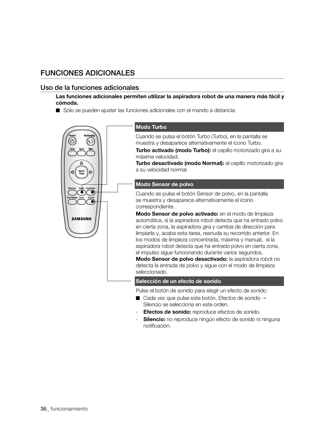 Samsung VCR8950L3B/XEF manual Funciones Adicionales, Uso de la funciones adicionales, Modo Turbo, Modo Sensor de polvo 