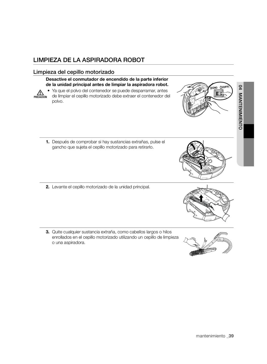 Samsung VCR8950L3B/XEF manual Limpieza del cepillo motorizado, Mantenimiento 