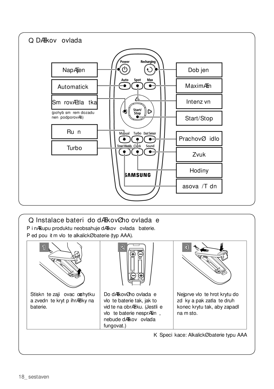 Samsung VCR8950L3B/XEO manual Instalace baterií do dálkového ovladače 