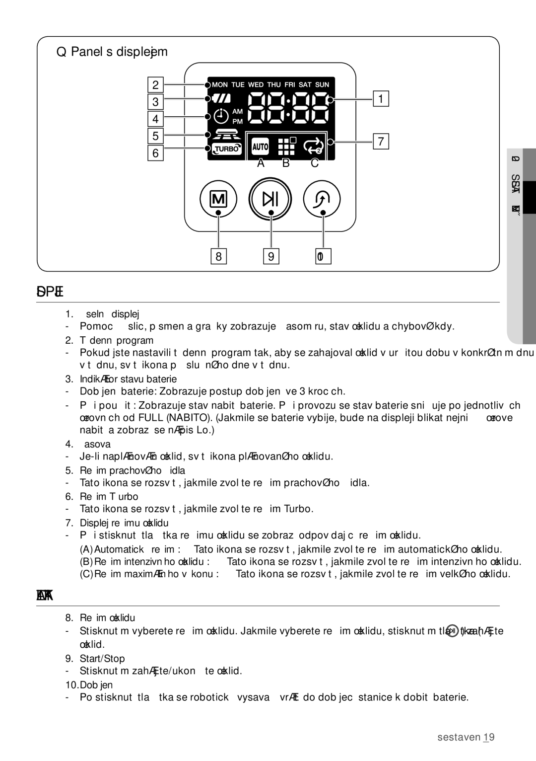 Samsung VCR8950L3B/XEO manual Displej, Tlačítka, Panel s displejem 