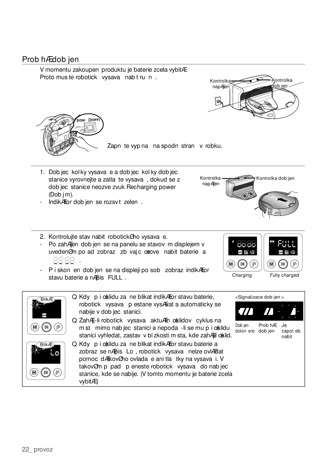 Samsung VCR8950L3B/XEO manual Probíhá dobíjení, Kontrolujte stav nabití robotického vysavače 