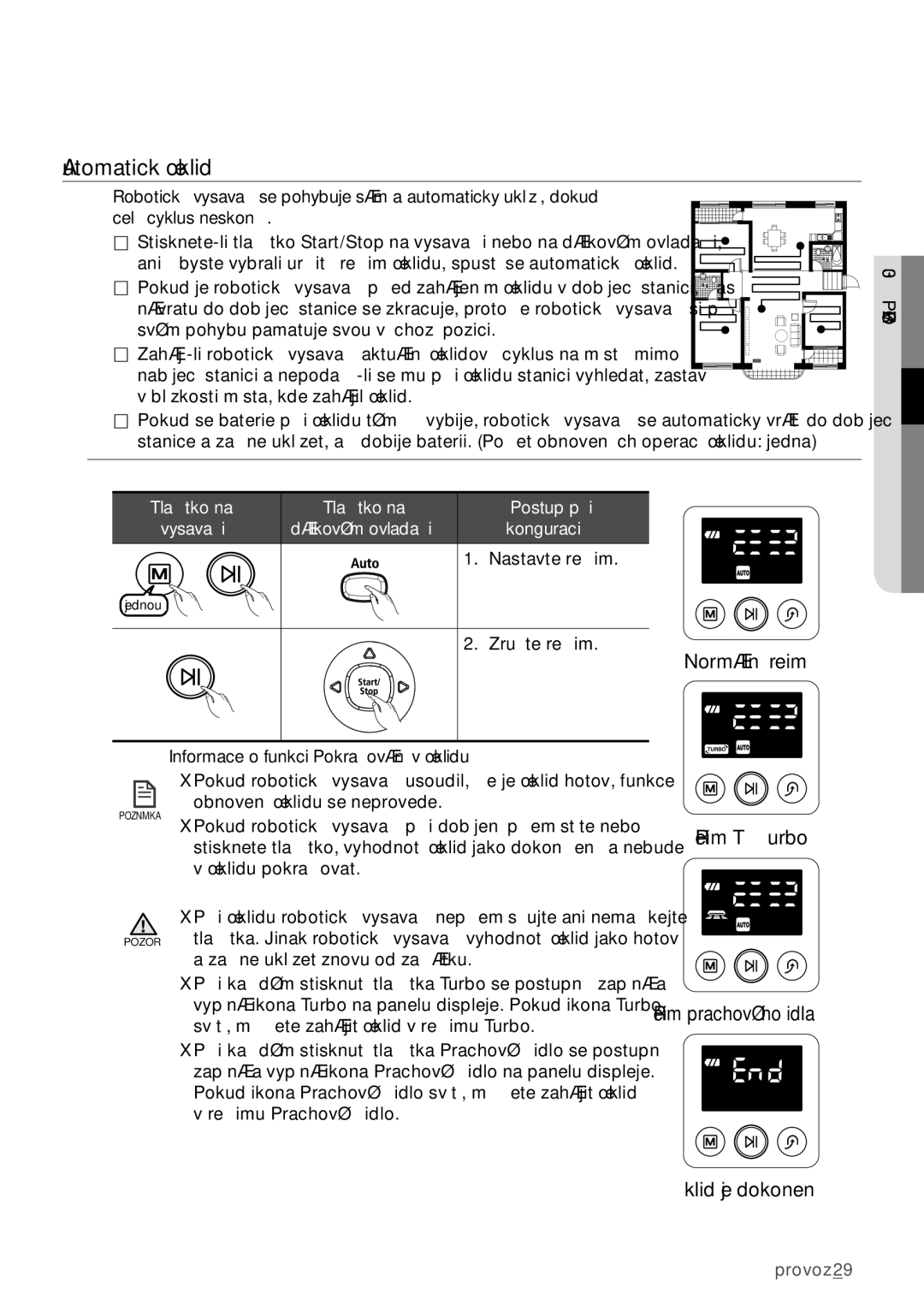 Samsung VCR8950L3B/XEO manual Automatický úklid, Nastavte režim, Zrušte režim, Normální režim 