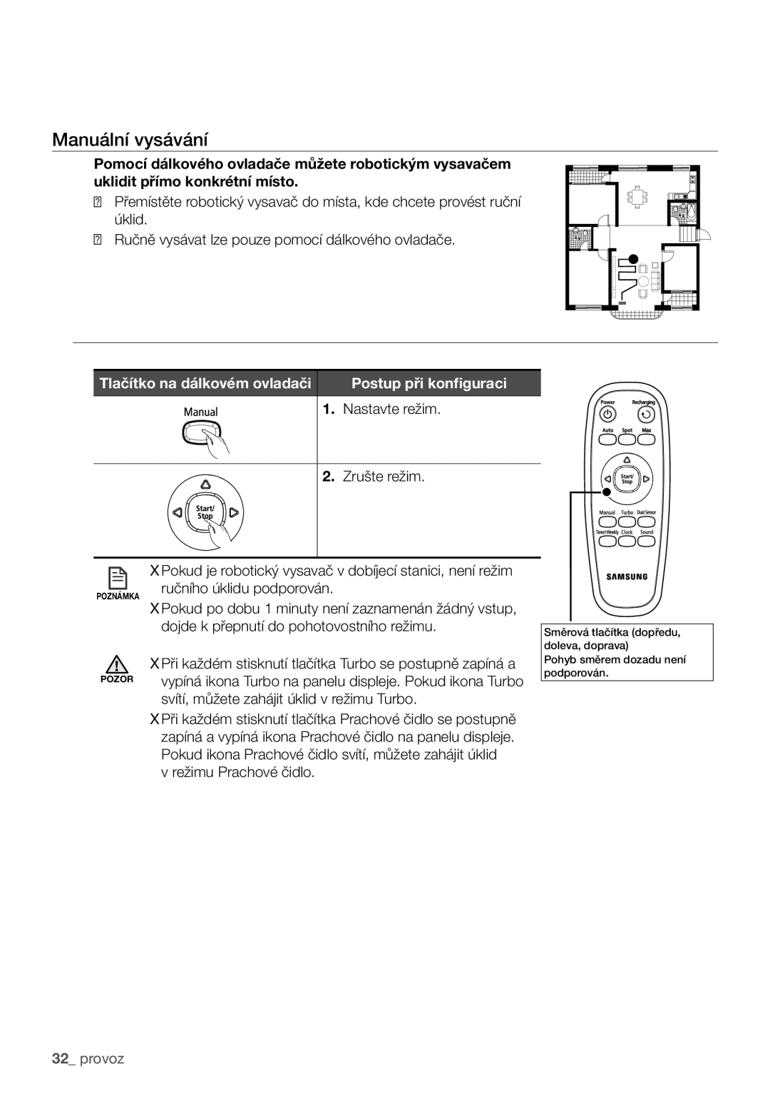 Samsung VCR8950L3B/XEO manual Manuální vysávání, Tlačítko na dálkovém ovladači, Svítí, můžete zahájit úklid v režimu Turbo 