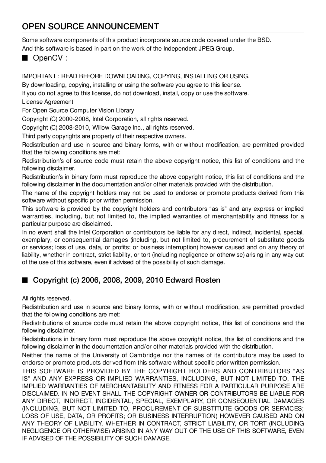 Samsung VCR8950L3B/XEO manual Open Source Announcement, Copyright c 2006, 2008, 2009, 2010 Edward Rosten 