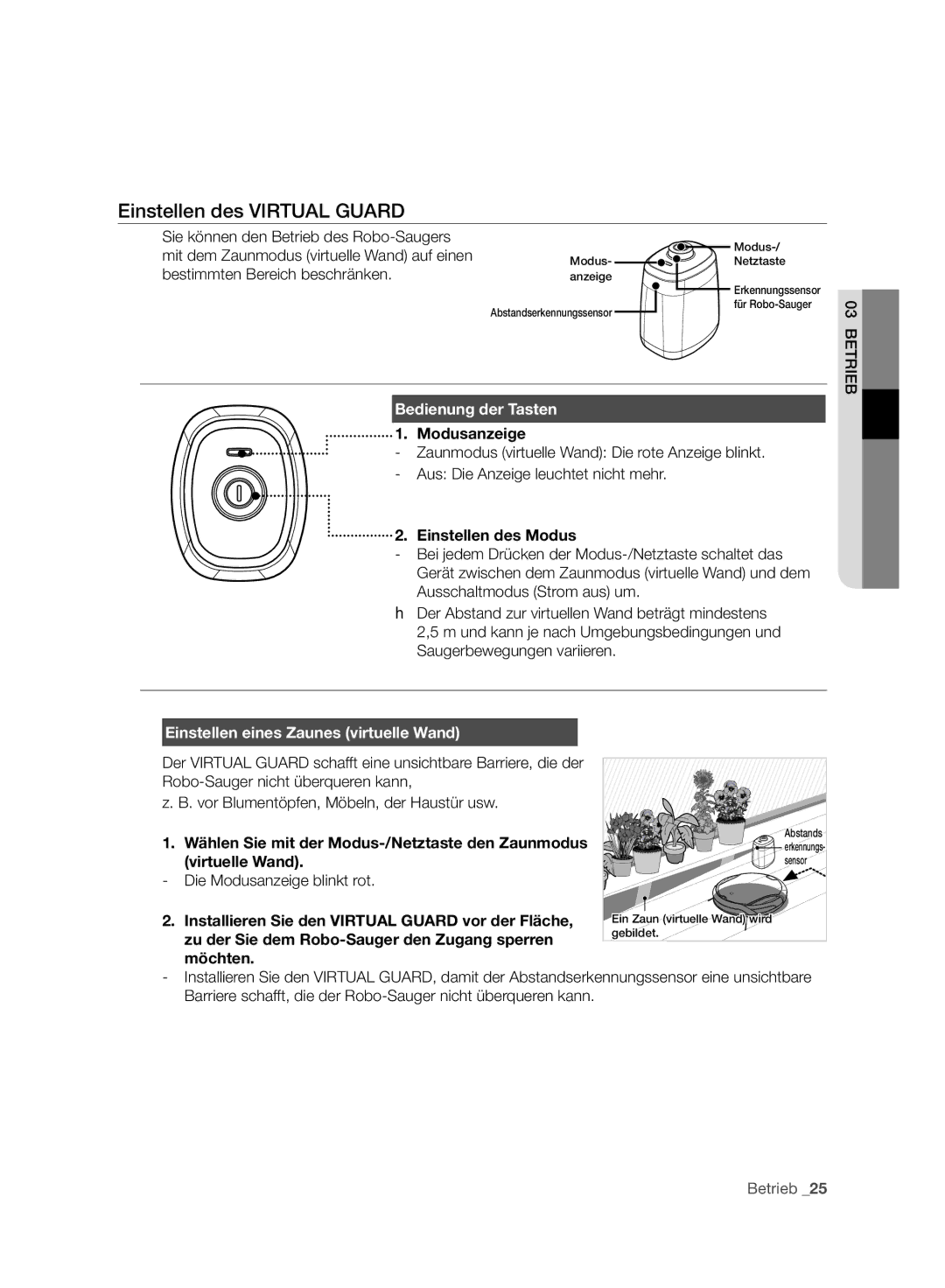 Samsung VCR8950L3B/XEG manual Einstellen des Virtual Guard, Bedienung der Tasten, Einstellen eines Zaunes virtuelle Wand 