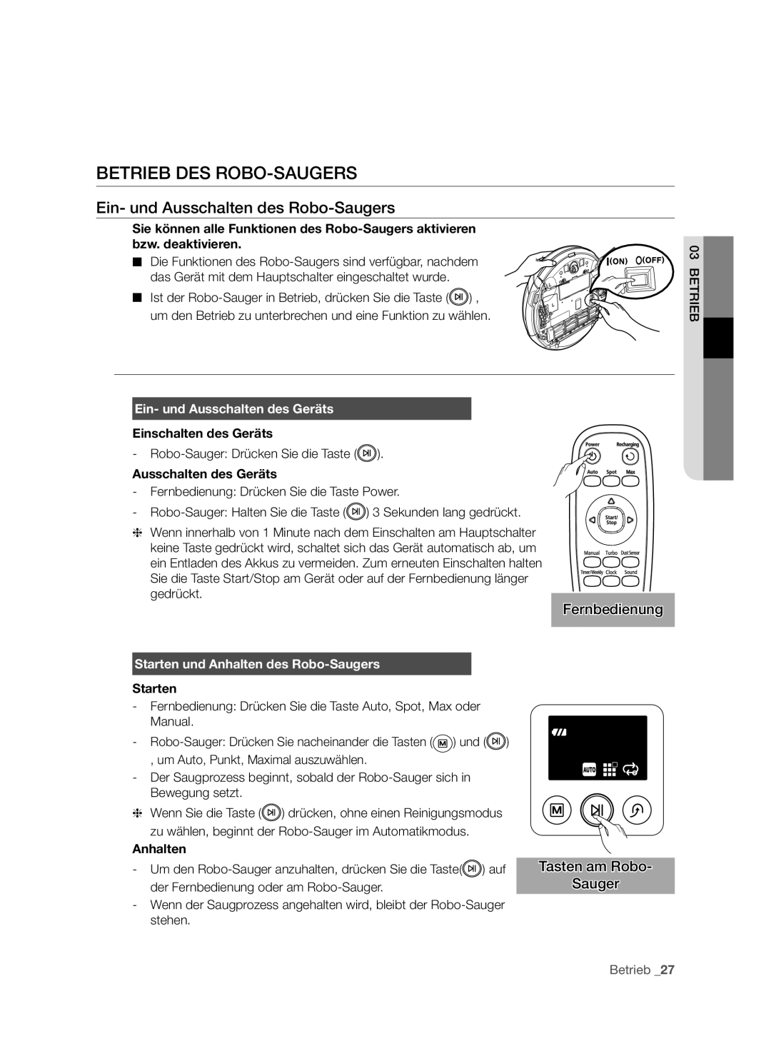 Samsung VCR8950L3B/XEF Betrieb DES ROBO-SAUGERS, Ein- und Ausschalten des Robo-Saugers, Ein- und Ausschalten des Geräts 