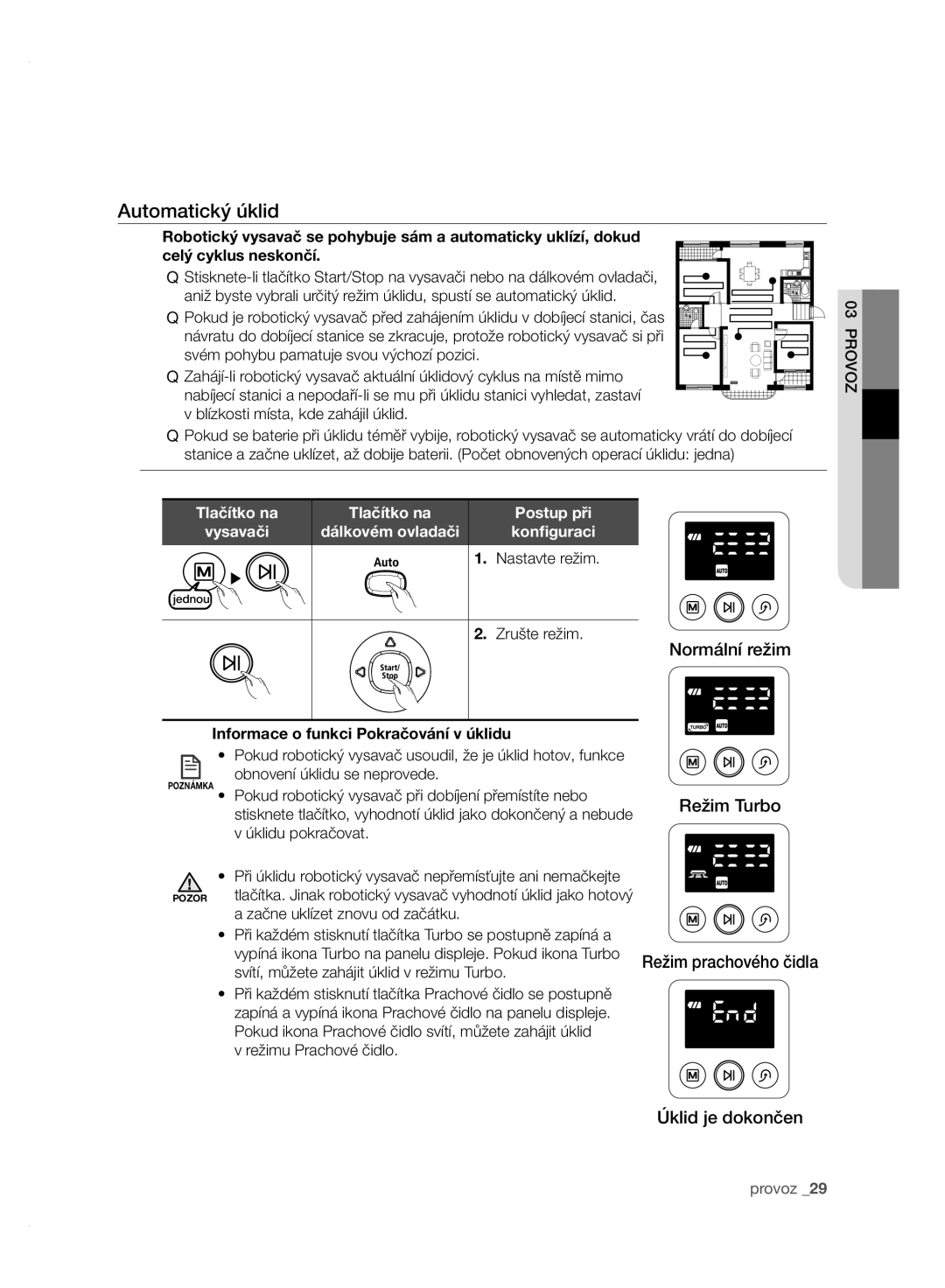 Samsung VCR8950L3B/XEG manual Automatický úklid, Tlačítko na, Zrušte režim, Informace o funkci Pokračování v úklidu 