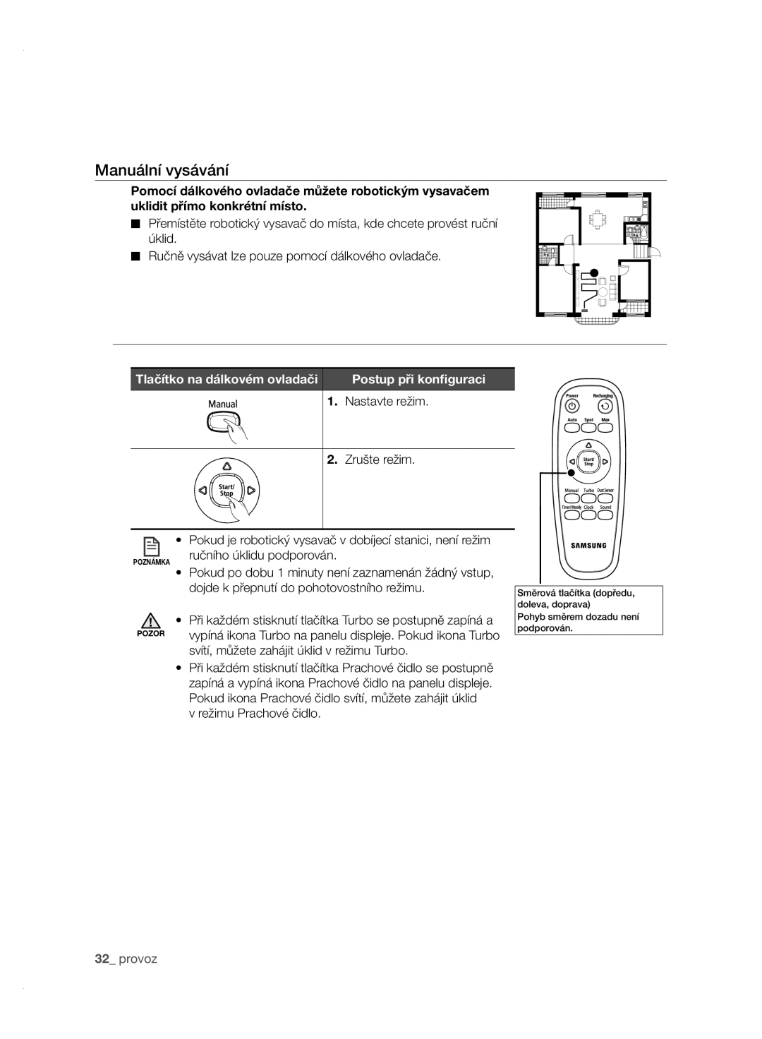 Samsung VCR8950L3B/XET manual Manuální vysávání, Tlačítko na dálkovém ovladači, Svítí, můžete zahájit úklid v režimu Turbo 