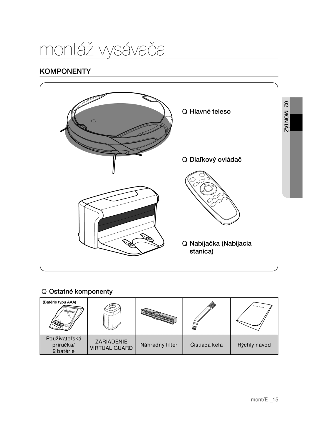 Samsung VCR8950L3B/XEF, VCR8950L3B/XET, VCR8950L3B/XEG manual Montáž vysávača, Komponenty, Náhradný ﬁlter Čistiaca kefa 