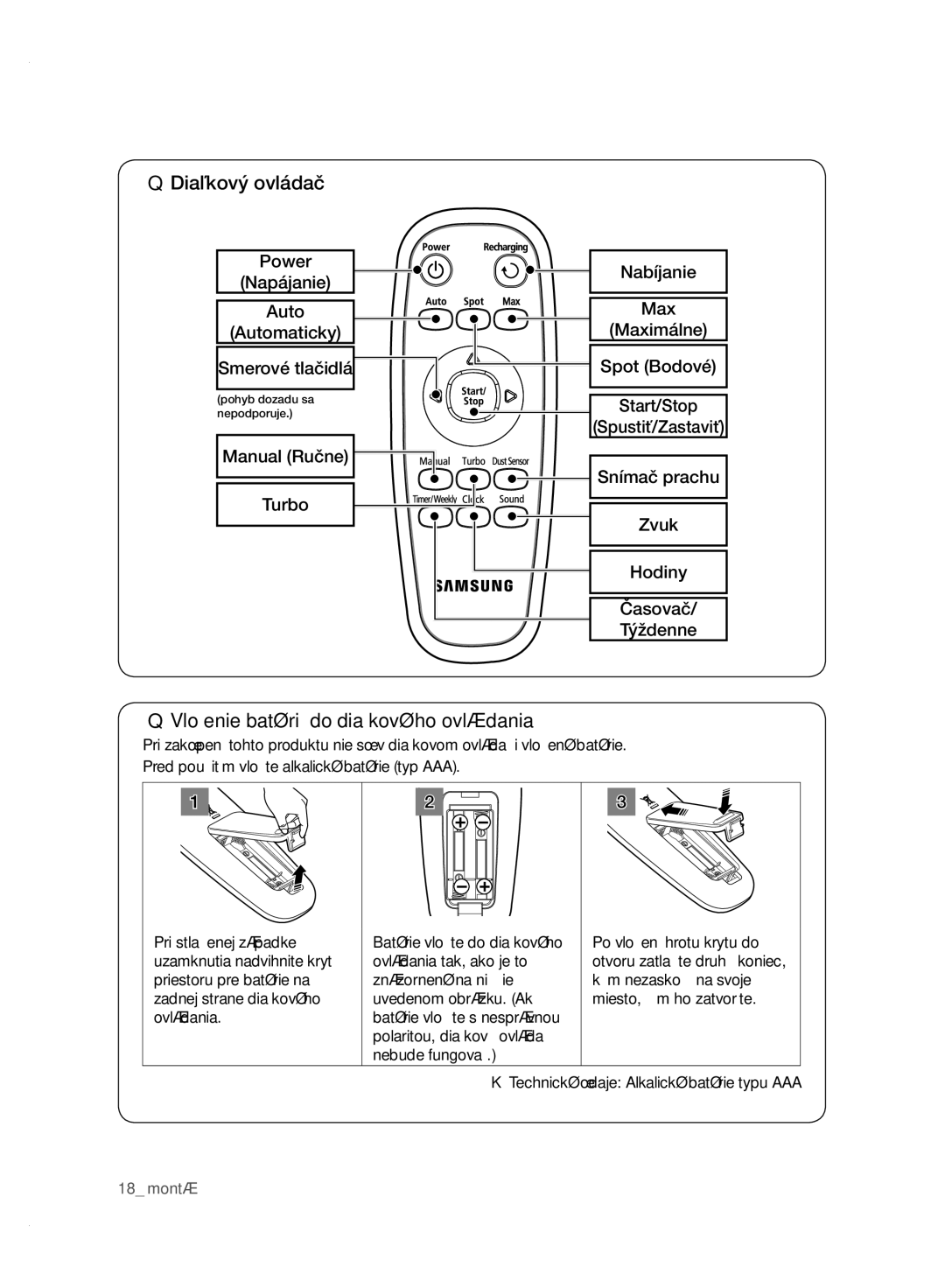 Samsung VCR8950L3B/XEO Nabíjanie, Napájanie, Spustiť/Zastaviť, Manual Ručne, Technické údaje Alkalické batérie typu AAA 