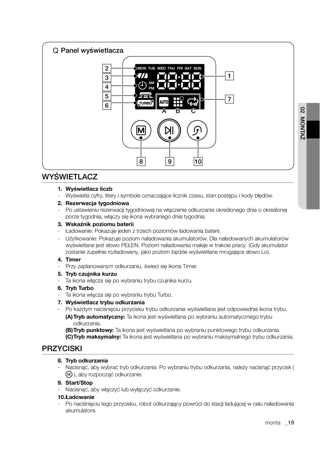 Samsung VCR8950L3B/XEF, VCR8950L3B/XET, VCR8950L3B/XEG, VCR8950L3B/XEO manual Wyświetlacz, Przyciski, Panel wyświetlacza 