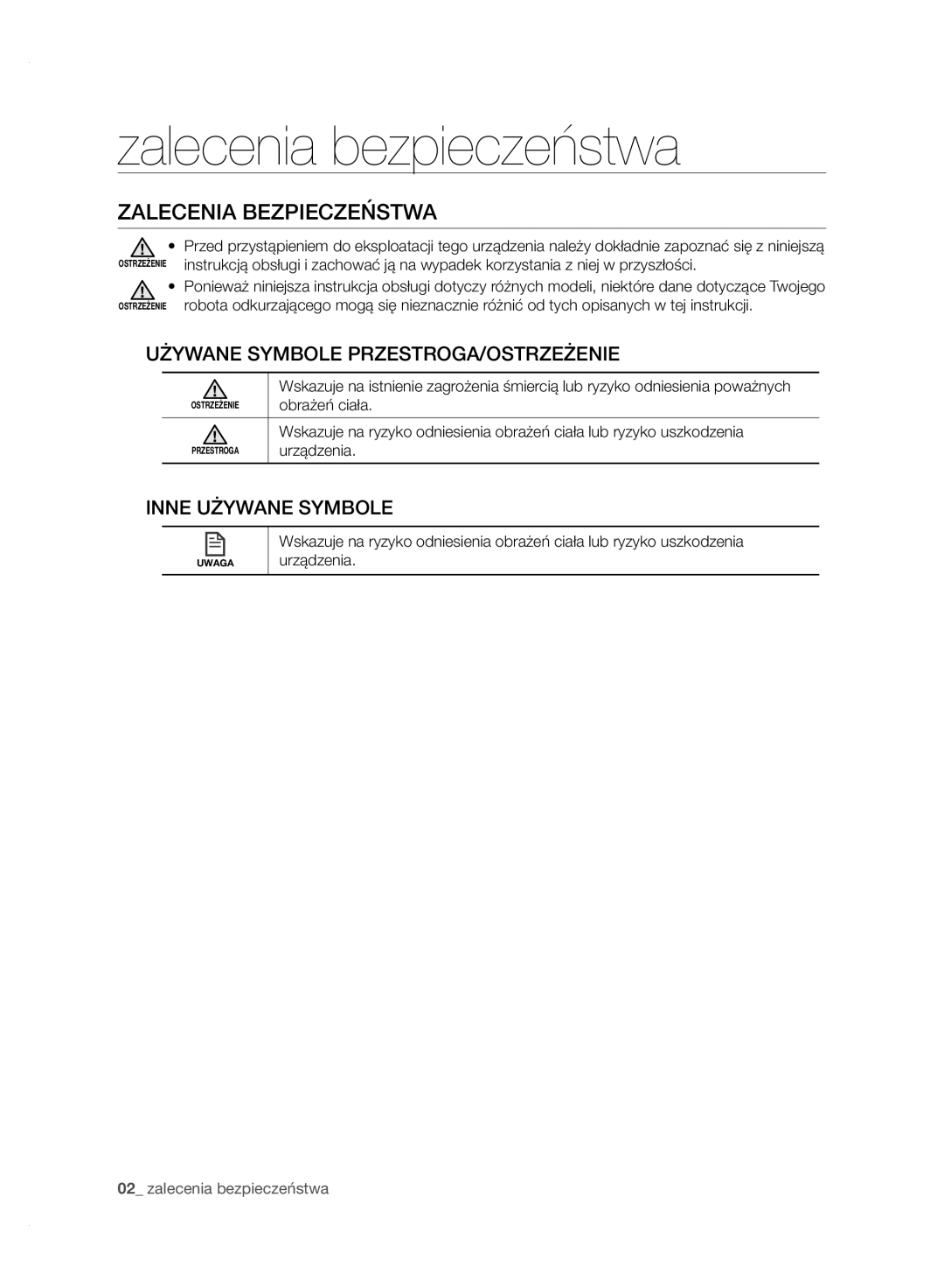 Samsung VCR8950L3B/XEO manual Zalecenia bezpieczeństwa, Zalecenia Bezpieczeństwa, Używane Symbole PRZESTROGA/OSTRZEŻENIE 