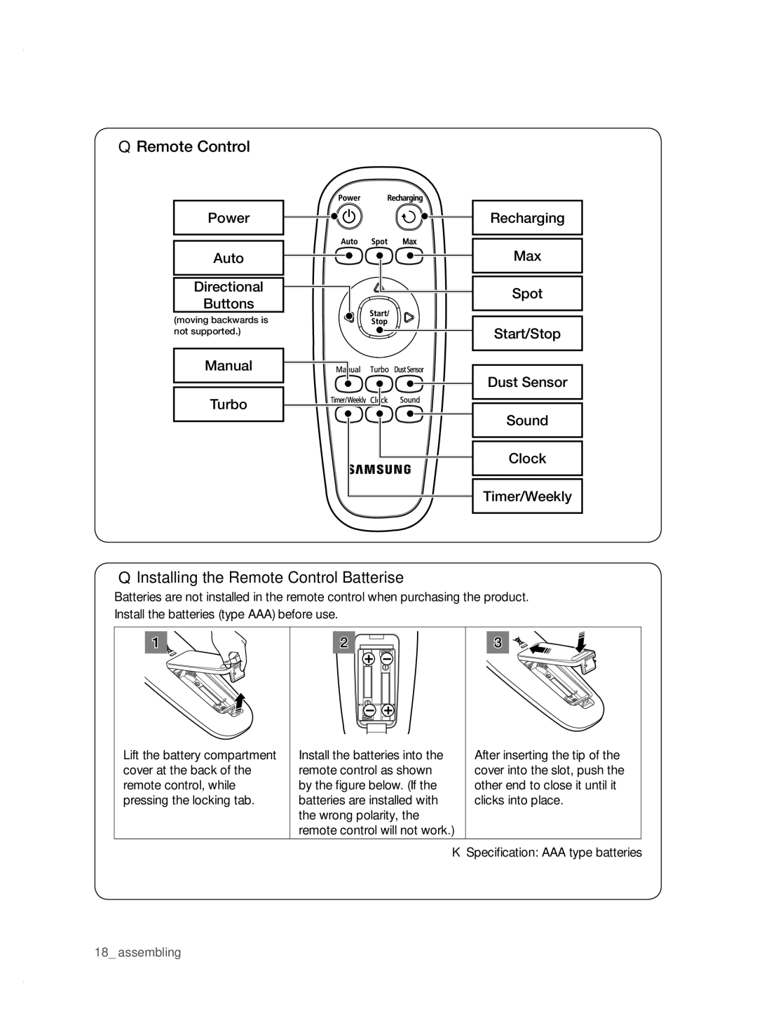 Samsung VCR8950L3B/XEO, VCR8950L3B/XET, VCR8950L3B/XEG, VCR8950L3B/XEF manual Installing the Remote Control Batterise 