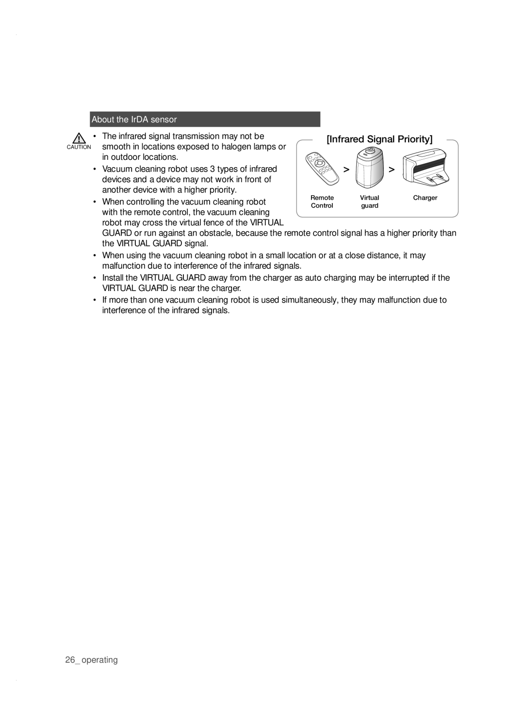 Samsung VCR8950L3B/XEO, VCR8950L3B/XET, VCR8950L3B/XEG About the IrDA sensor, When controlling the vacuum cleaning robot 