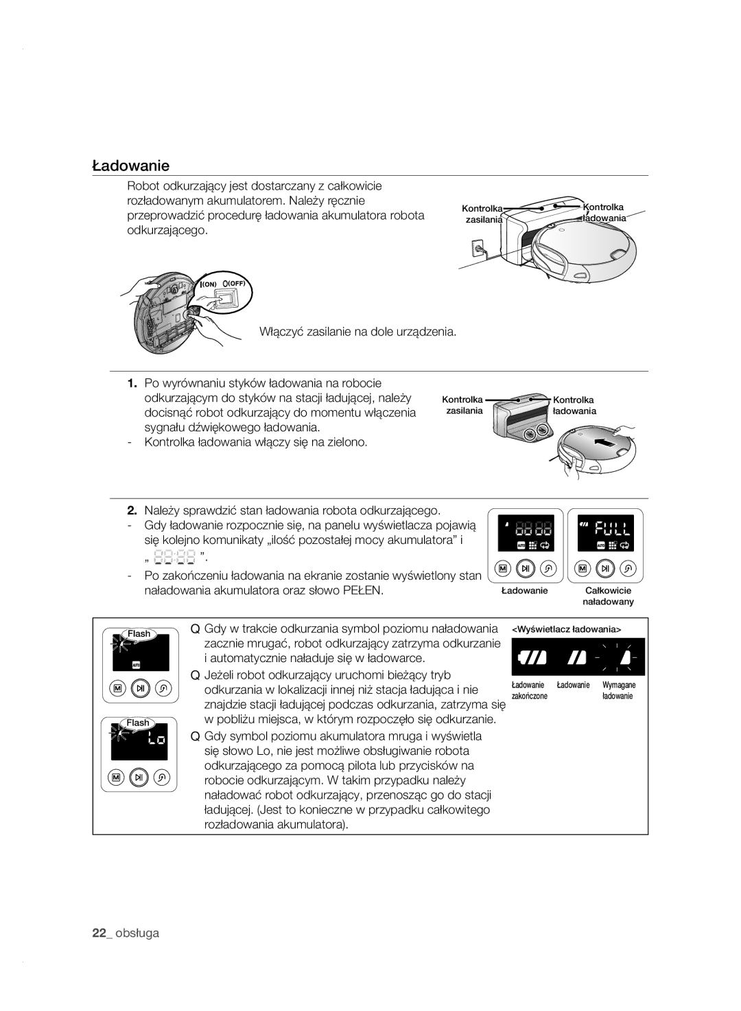 Samsung VCR8950L3B/XEO, VCR8950L3B/XET, VCR8950L3B/XEG manual Ładowanie, Należy sprawdzić stan ładowania robota odkurzającego 