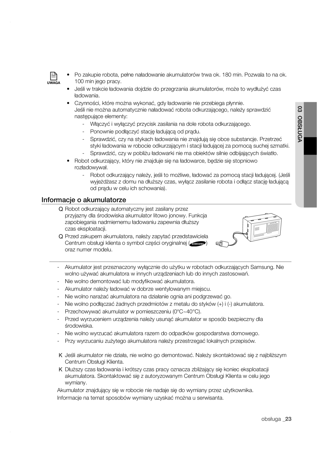 Samsung VCR8950L3B/XEF, VCR8950L3B/XET, VCR8950L3B/XEG, VCR8950L3B/XEO manual Informacje o akumulatorze, Min jego pracy 