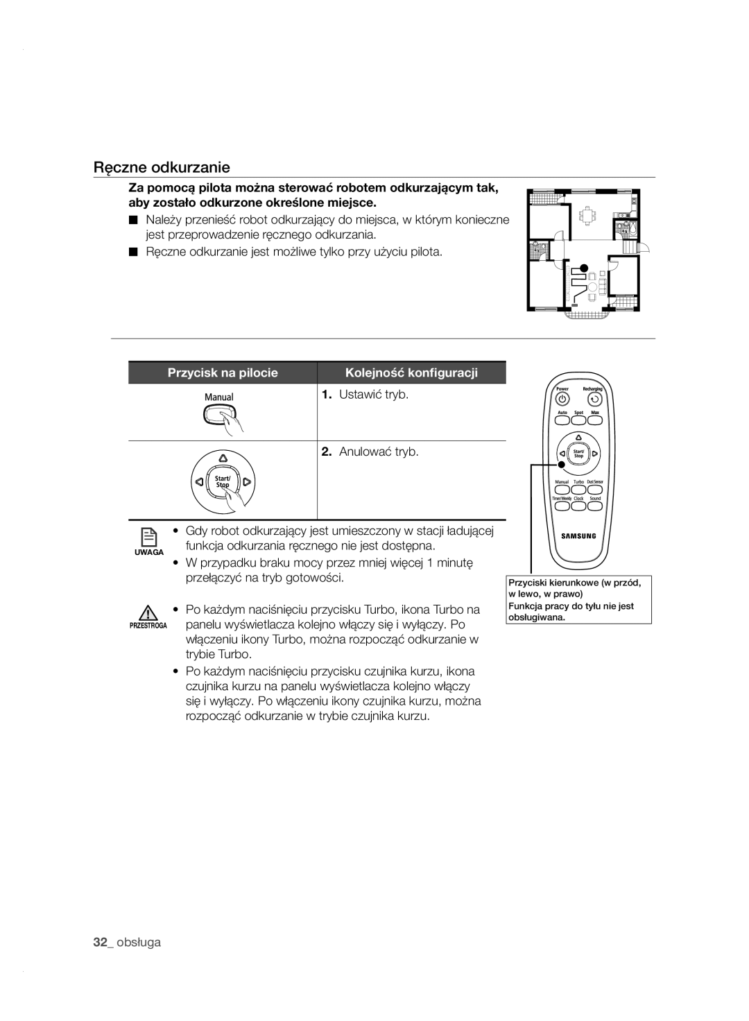 Samsung VCR8950L3B/XET, VCR8950L3B/XEG, VCR8950L3B/XEO, VCR8950L3B/XEF manual Ręczne odkurzanie, Przycisk na pilocie 