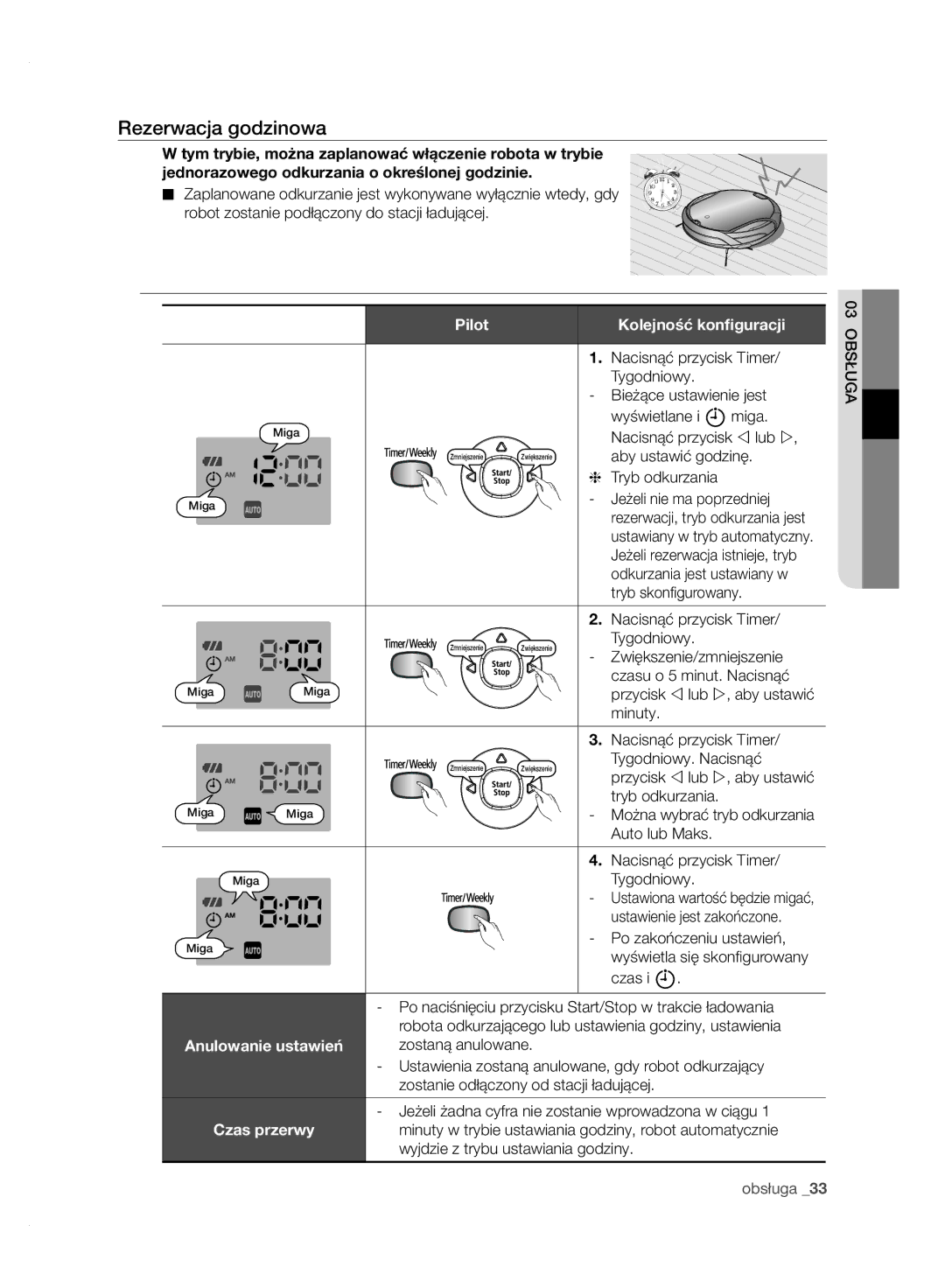 Samsung VCR8950L3B/XEG manual Rezerwacja godzinowa, Pilot Kolejność konﬁguracji, Anulowanie ustawień, Czas przerwy 