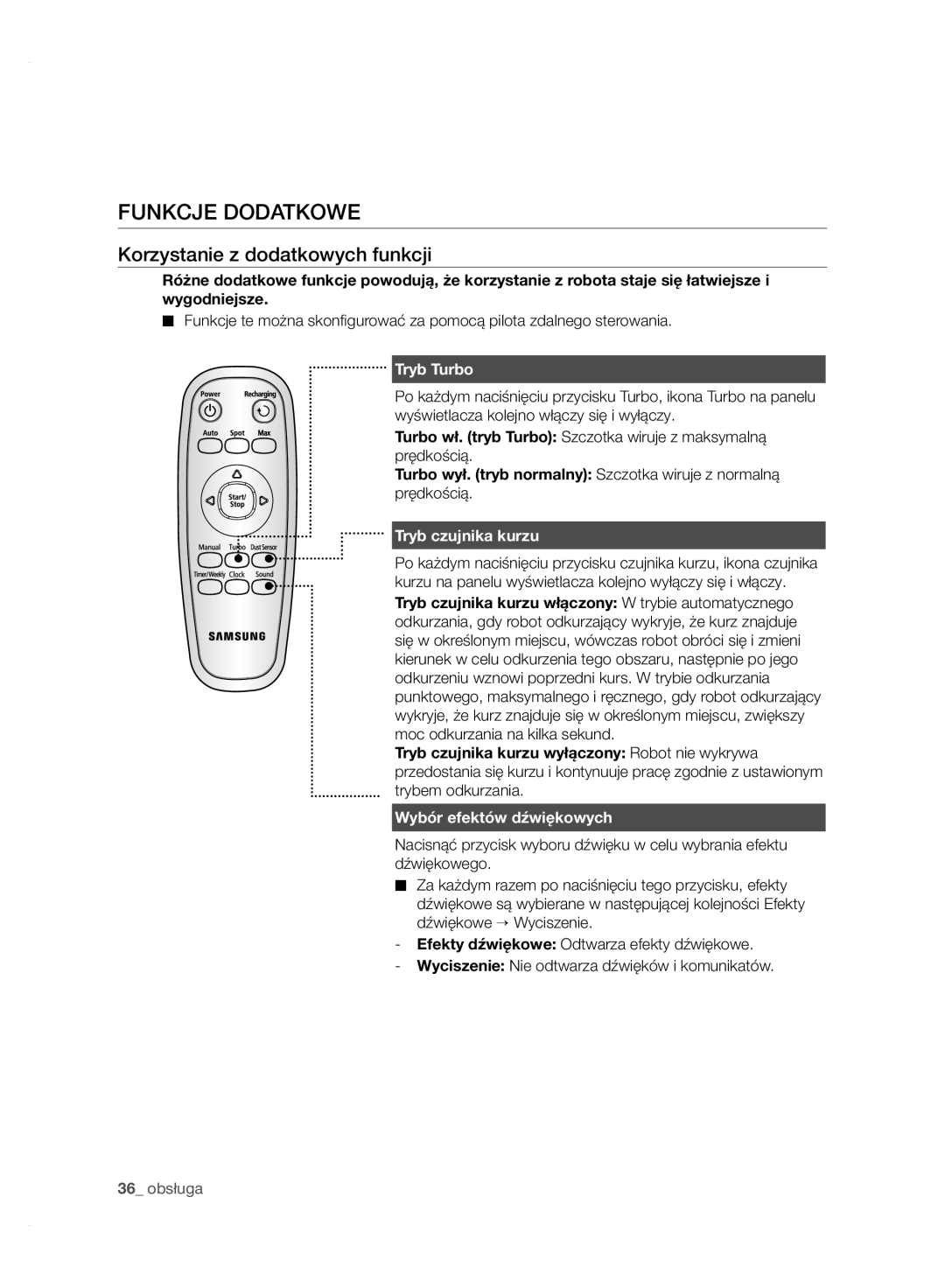 Samsung VCR8950L3B/XET manual Funkcje Dodatkowe, Korzystanie z dodatkowych funkcji, Tryb Turbo, Tryb czujnika kurzu 