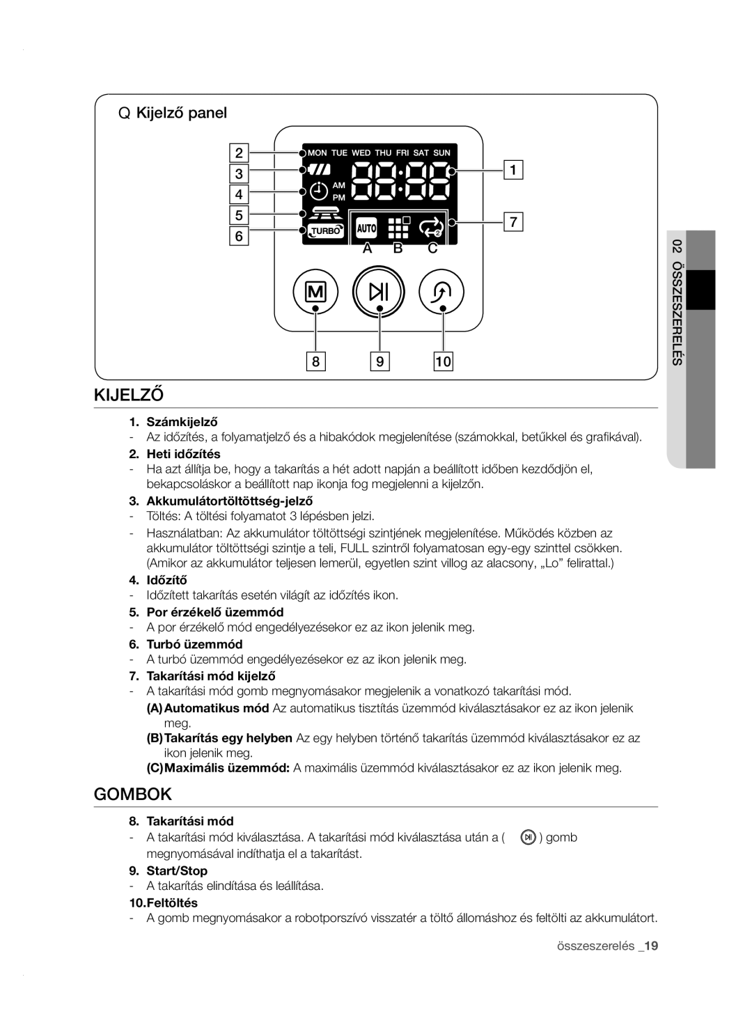 Samsung VCR8950L3B/XEF, VCR8950L3B/XET, VCR8950L3B/XEG, VCR8950L3B/XEO manual Gombok, Kijelző panel 