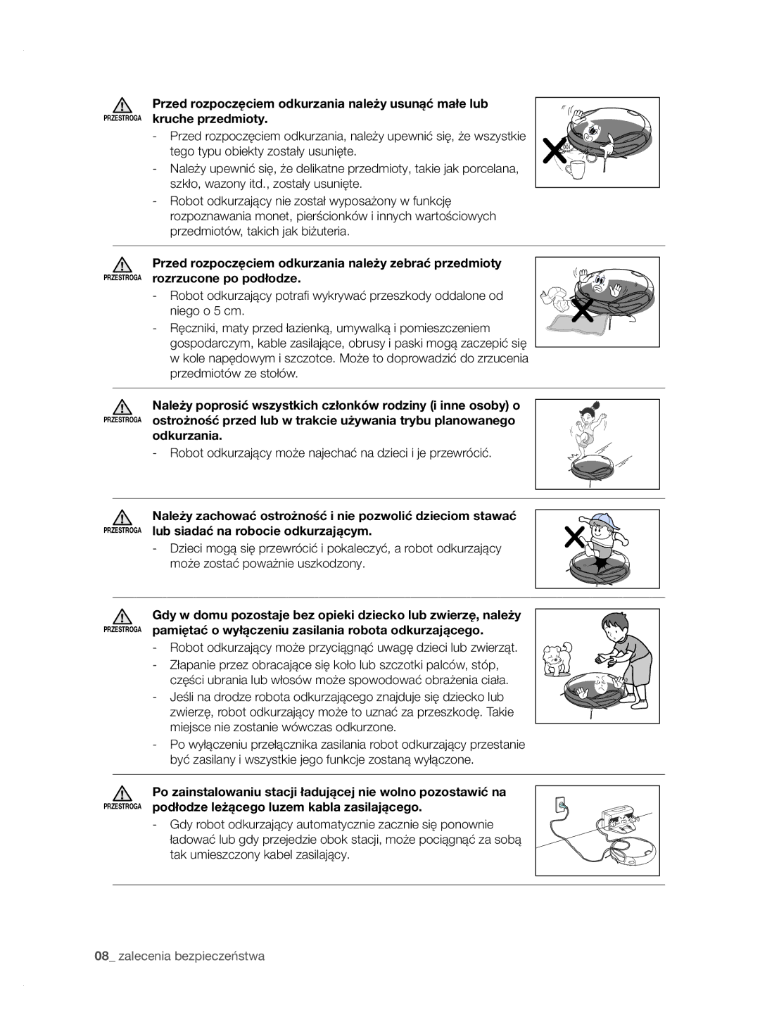 Samsung VCR8950L3B/XET, VCR8950L3B/XEG manual Odkurzania, Robot odkurzający może najechać na dzieci i je przewrócić 