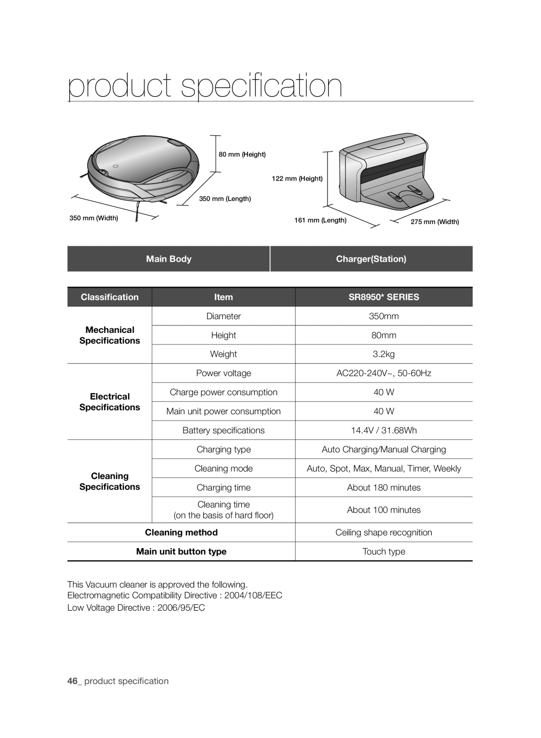 Samsung VCR8950L3B/XEO product speciﬁ cation, Main Body, ChargerStation, Classiﬁcation, SR8950* SERIES, Speciﬁcations 