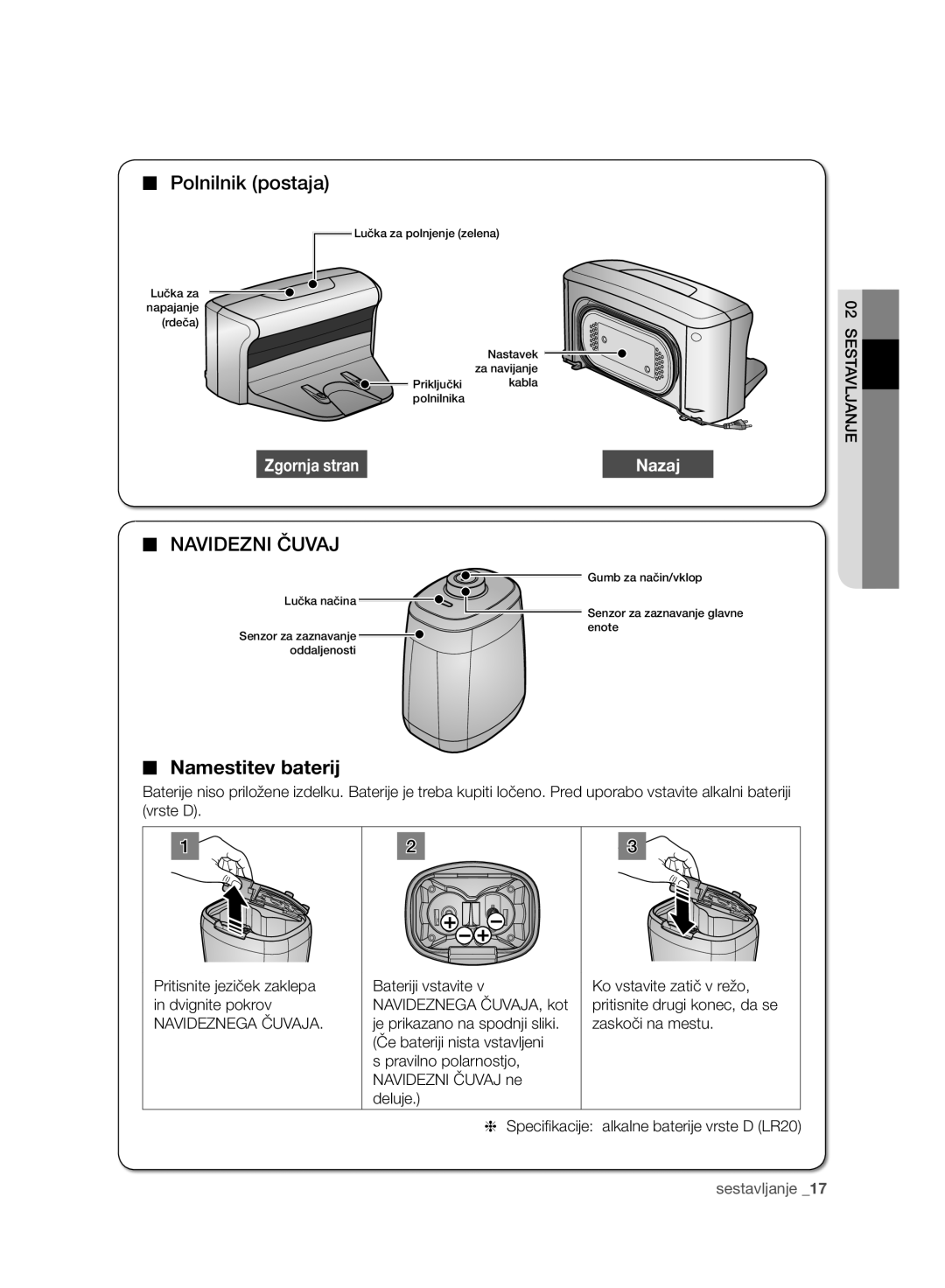 Samsung VCR8950L3B/XEG manual Polnilnik postaja, Navidezni Čuvaj, Namestitev baterij, Zgornja stran, Nazaj, sestavljanje 