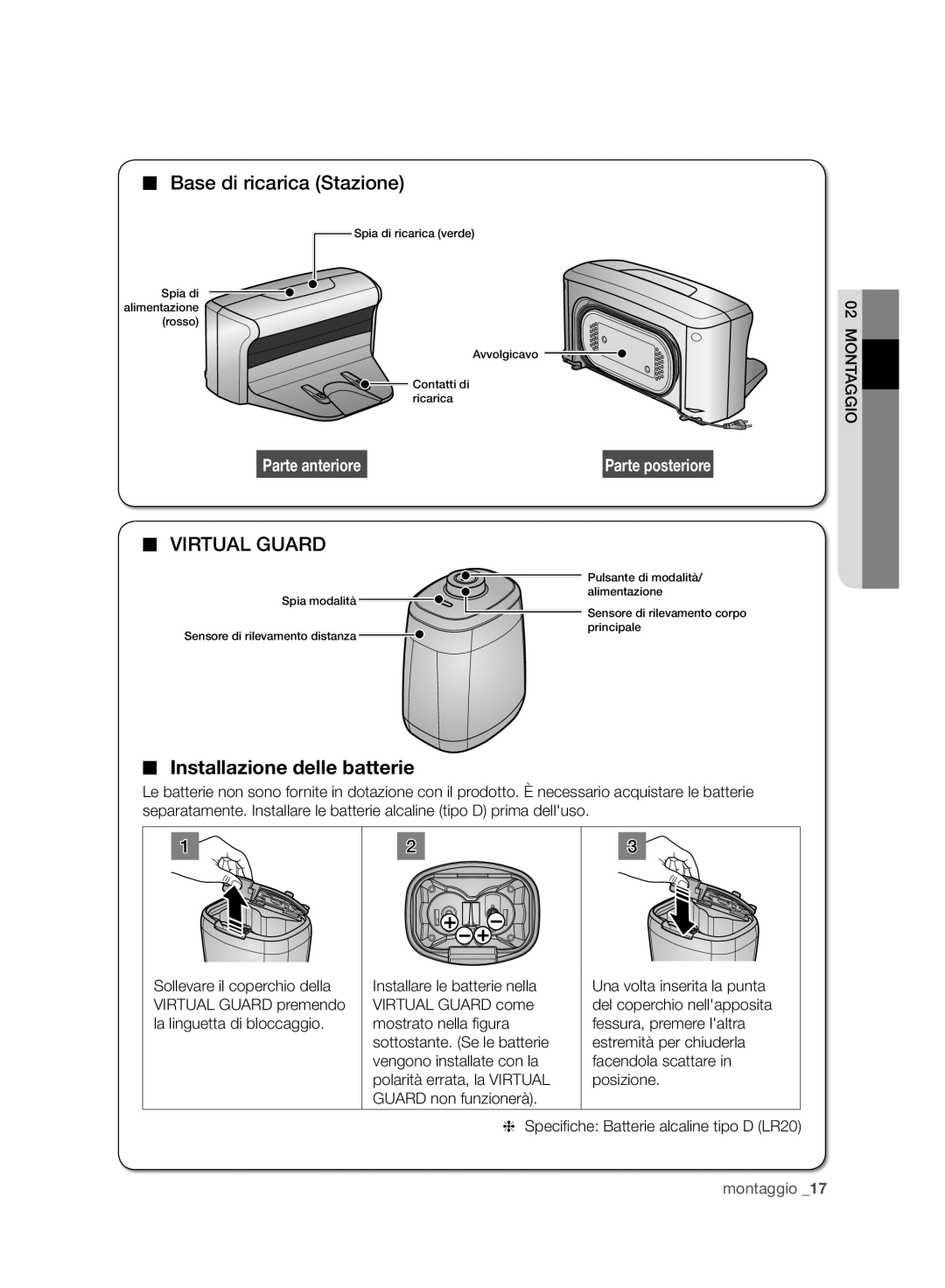 Samsung VCR8950L3B/XEG Base di ricarica Stazione, Virtual Guard, Installazione delle batterie, Parte anteriore, montaggio 