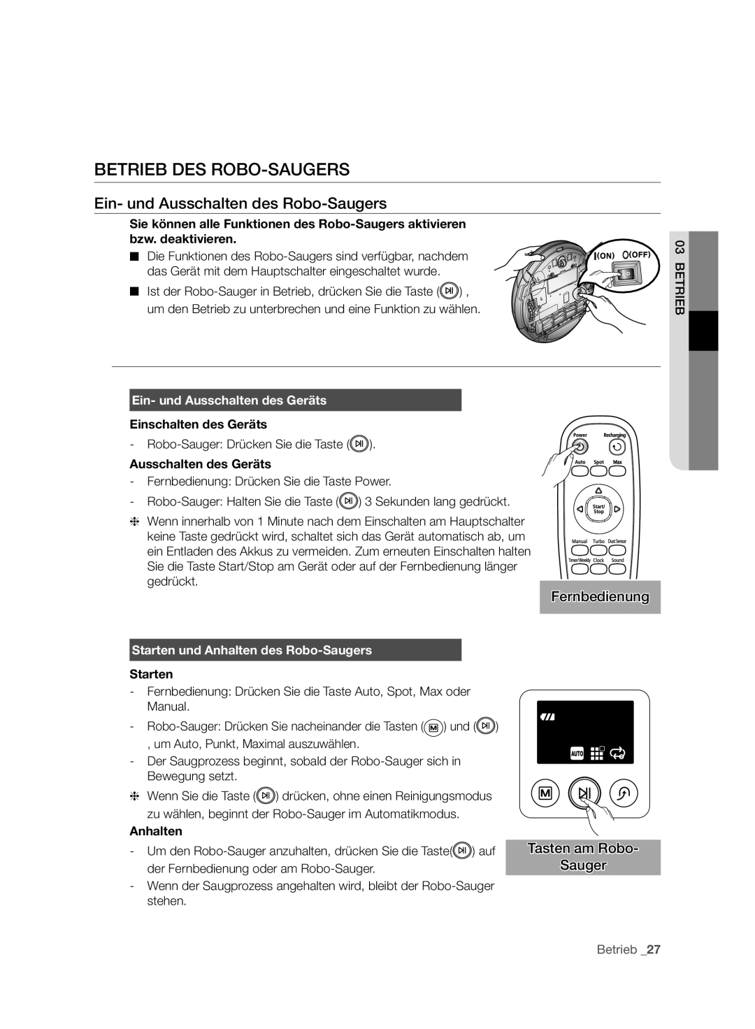 Samsung VCR8950L3B/XEF Betrieb Des Robo-Saugers, Ein- und Ausschalten des Robo-Saugers, Fernbedienung, Starten, Anhalten 