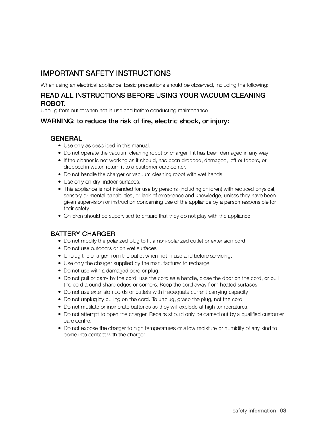 Samsung VCR8950L3B/XEF manual Important Safety Instructions, Read All Instructions Before Using Your Vacuum Cleaning Robot 