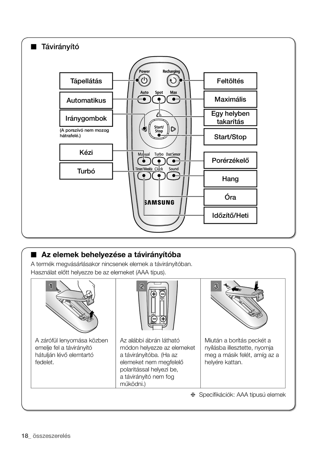 Samsung VCR8950L3B/XET, VCR8950L3B/XEO manual Az elemek behelyezése a távirányítóba 