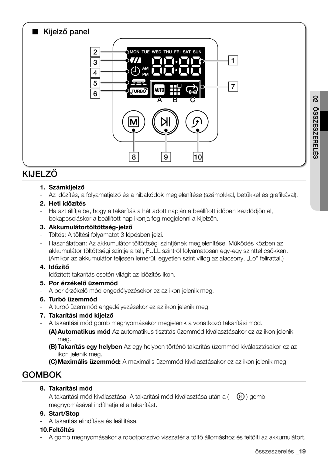 Samsung VCR8950L3B/XEO, VCR8950L3B/XET manual Gombok, Kijelző panel 