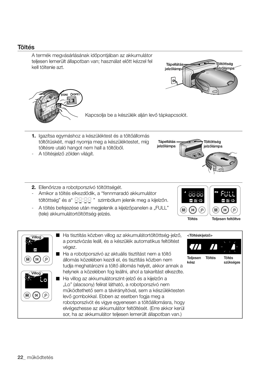 Samsung VCR8950L3B/XET, VCR8950L3B/XEO Kapcsolja be a készülék alján levő tápkapcsolót, Töltésjelző zölden világít 