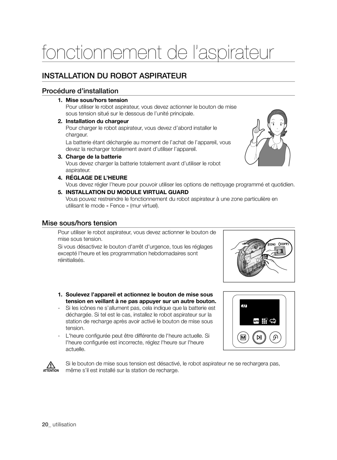 Samsung VCR8958L3K/SWS manual Fonctionnement de l’aspirateur, Installation DU Robot Aspirateur, Procédure d’installation 