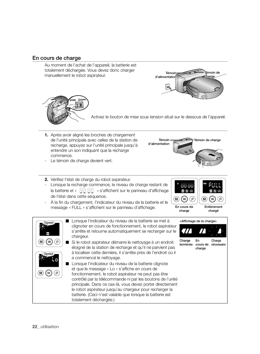 Samsung VCR8958L3K/SWS manual En cours de charge, Commence Le témoin de charge devient vert 