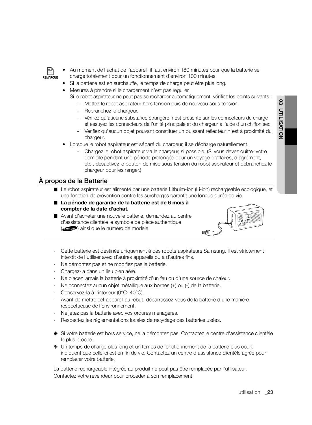 Samsung VCR8958L3K/SWS manual Propos de la Batterie 